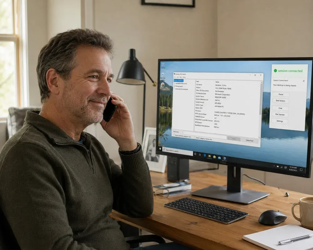Privatkunde löst ein Computerproblem bequem von zuhause per DariaTech-Fernwartung – Remote-Sitzung mit Bildschirmfreigabe am Monitor, ohne Technikerbesuch