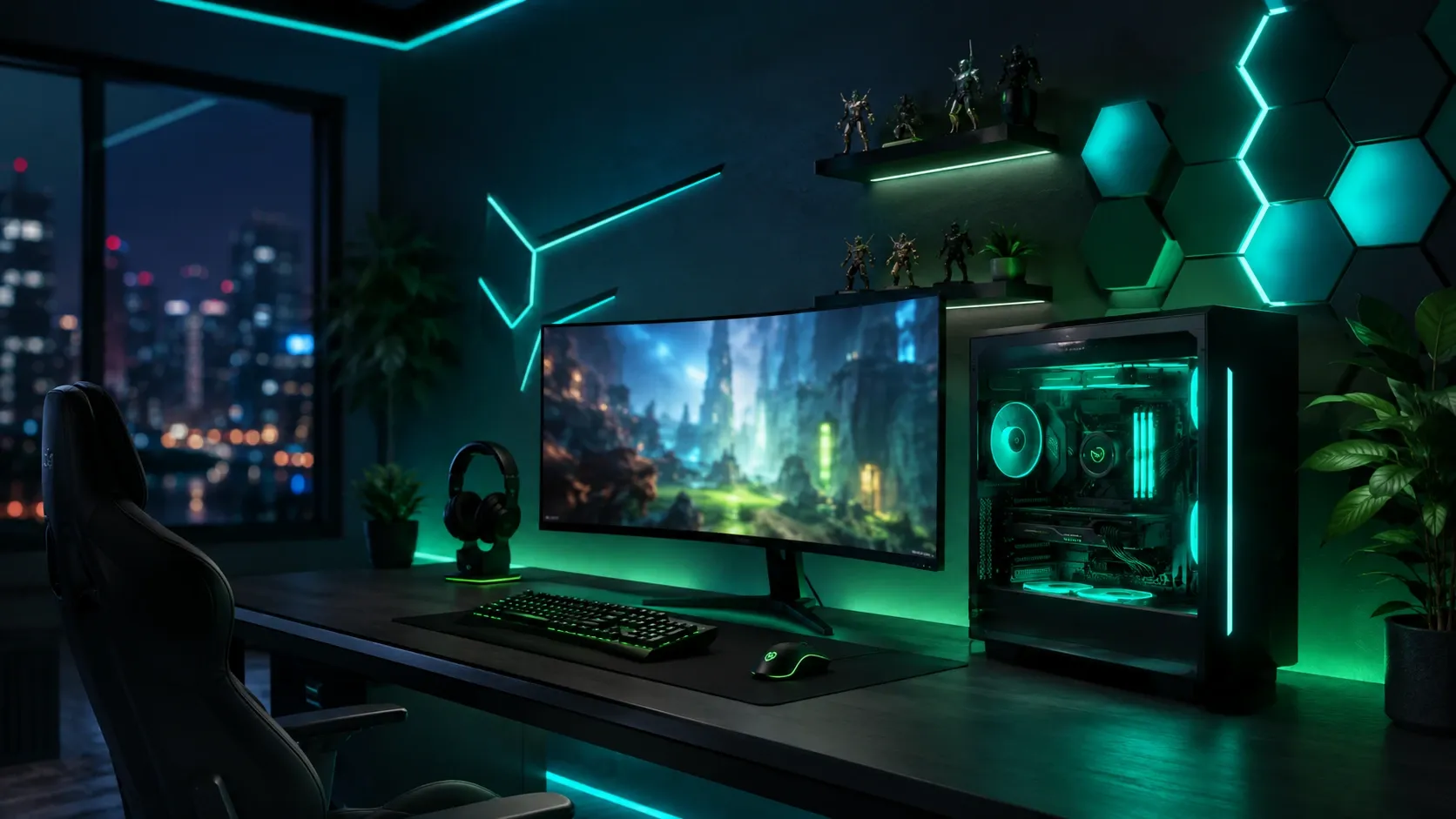 Modernes Gaming-Setup mit RGB-PC, Curved-Monitor, Tastatur und Maus