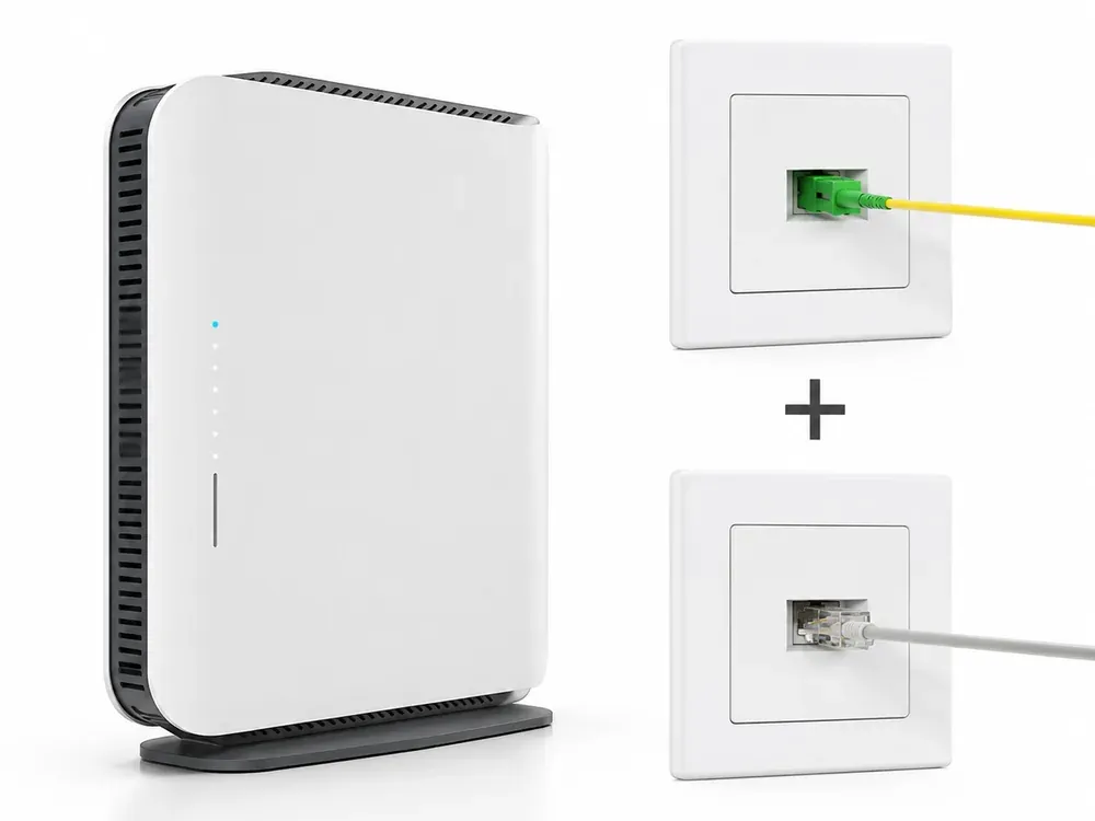 Internet-Router mit Glasfaser-Anschlussdose (grüner LWL-Stecker) und Netzwerkdose – DariaTech richtet DSL, Glasfaser, Router und Telefon für zuhause ein