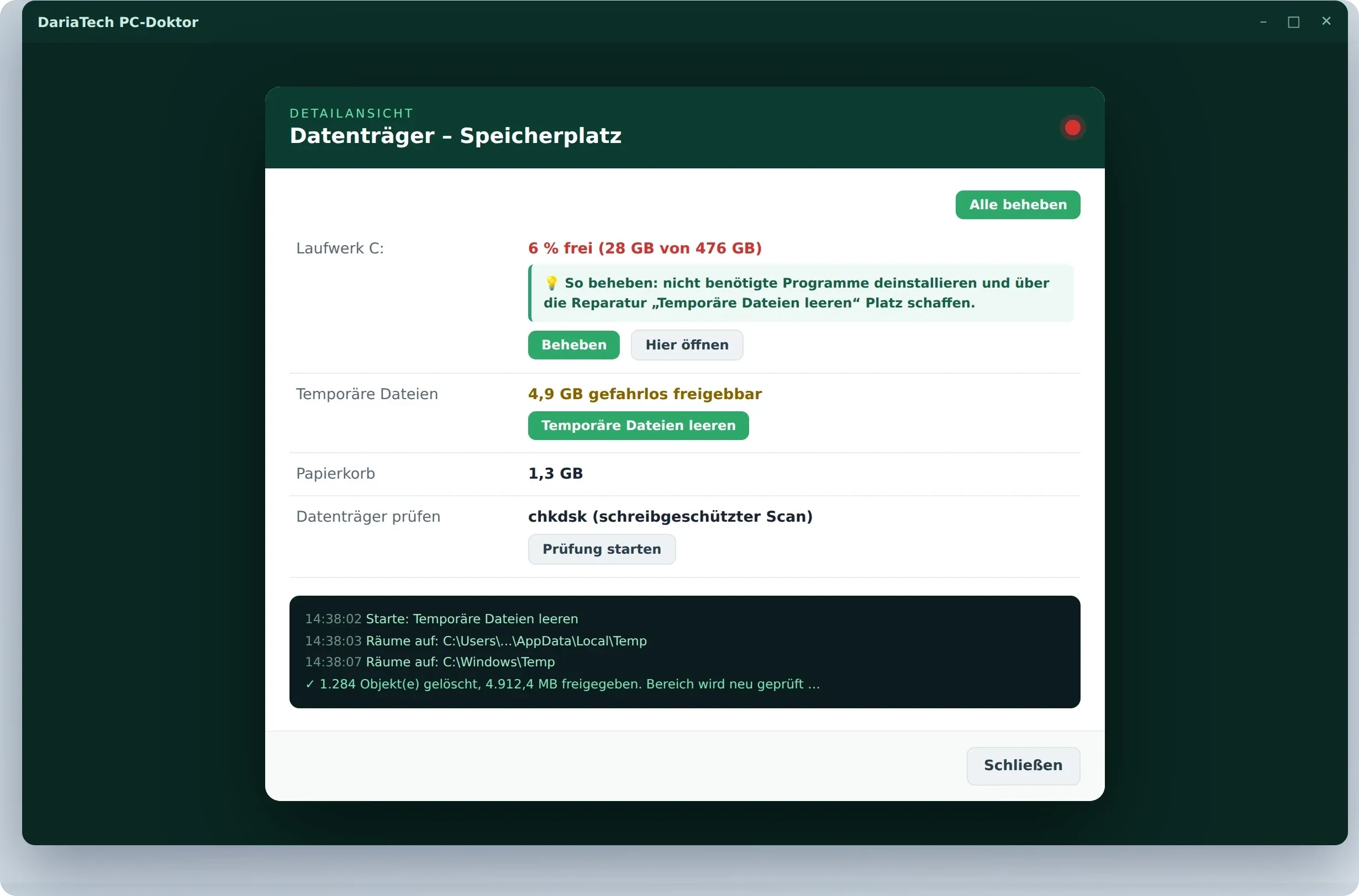 PC Doctor – Detailansicht mit Ein-Klick-Reparatur