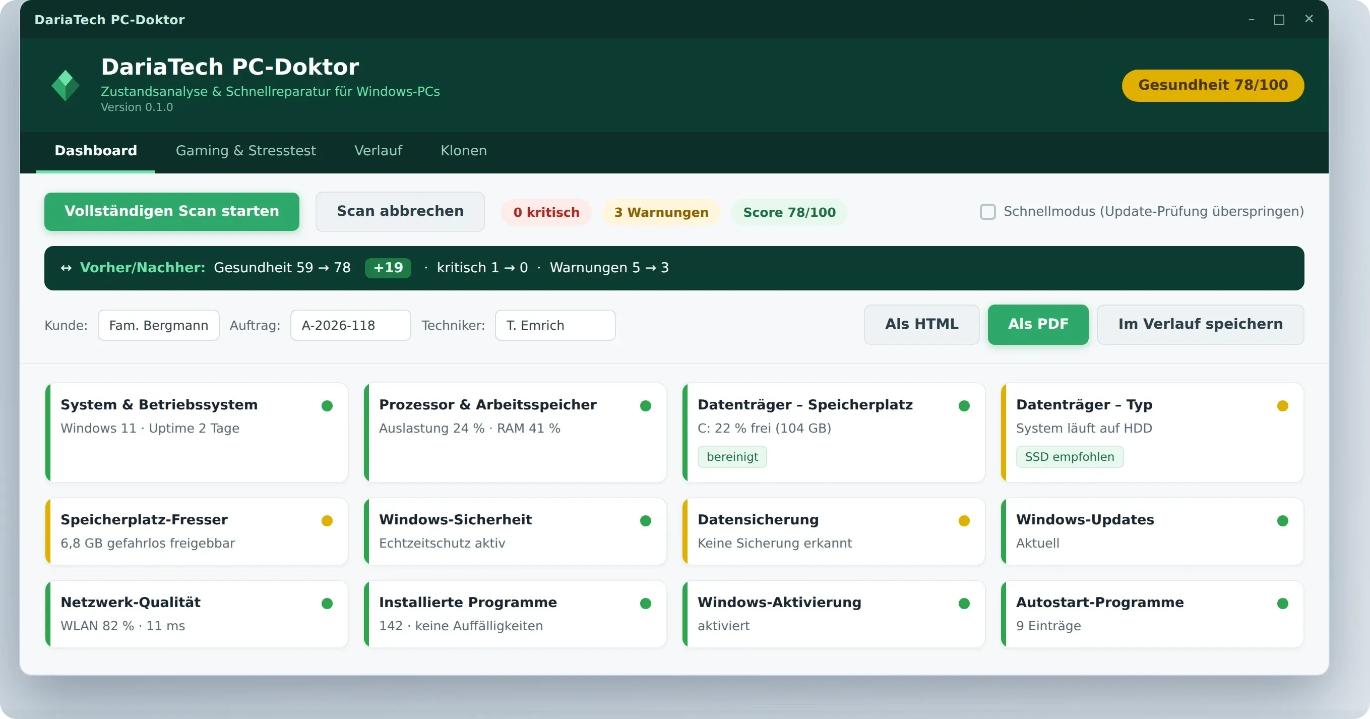 DariaTech PC Doctor – Dashboard mit Gesundheits-Score