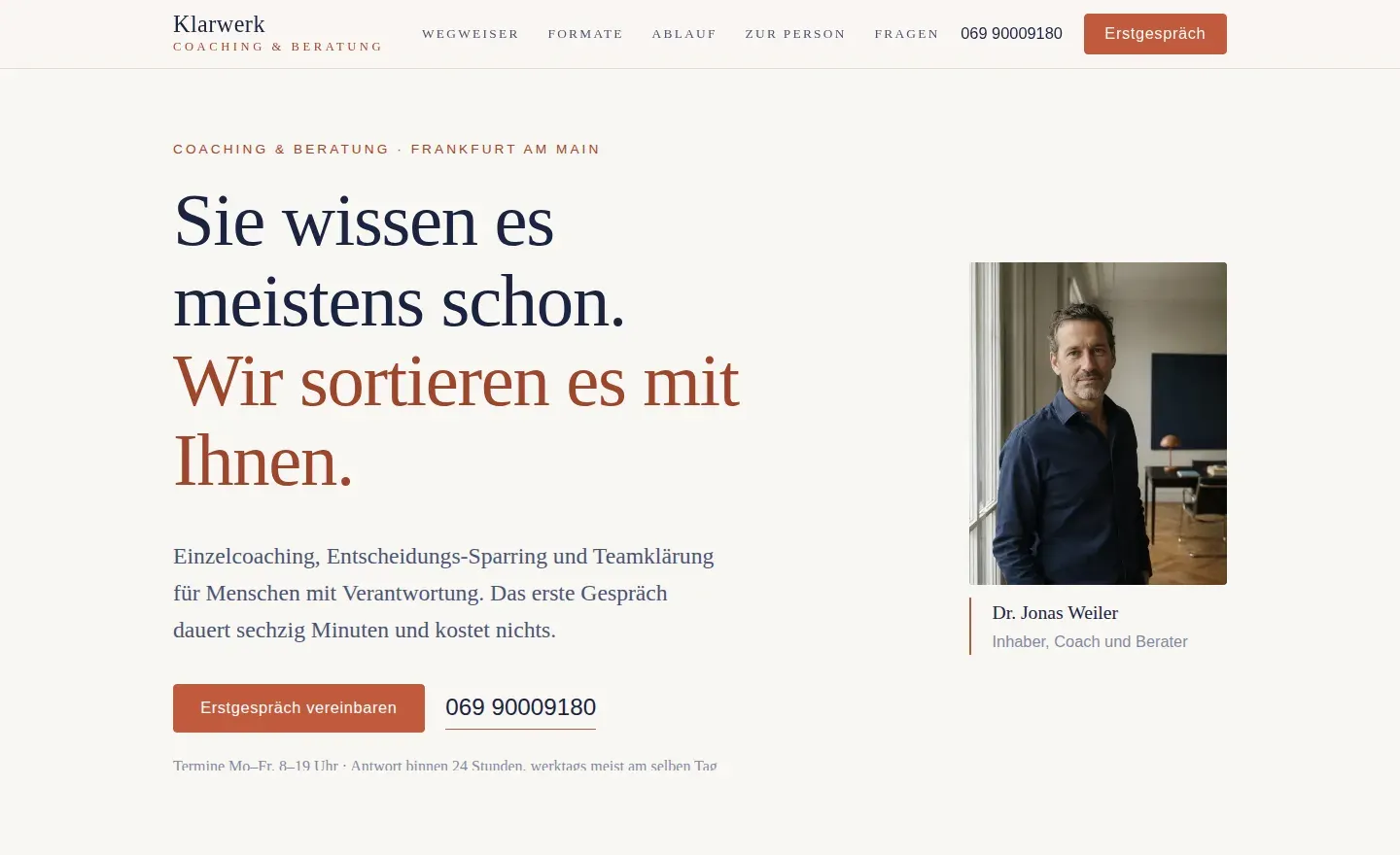 Live-Demo einer Coaching- & Beratungs-Website von DariaTech – Startseite mit Erstgespräch-Anfrage