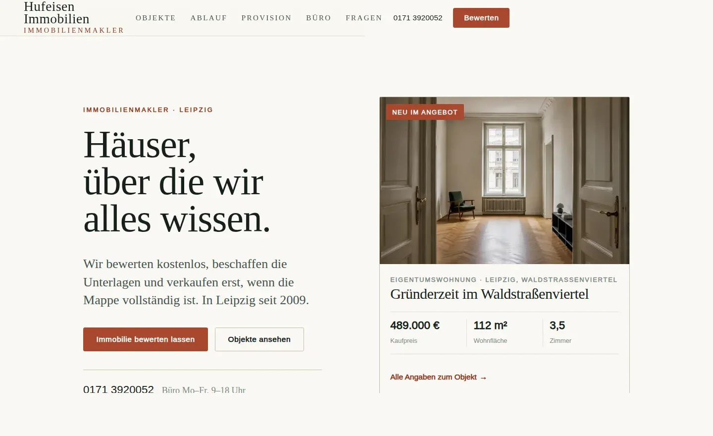 Live-Demo einer Immobilienmakler-Website von DariaTech – Startseite mit Objekt-Exposé und Bewertungs-Anfrage